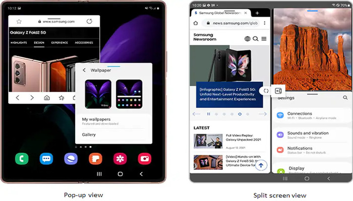 An undated image of Pop-up and Split screen views on Samsung Z flip. — Samsung