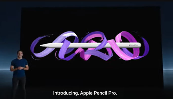 A still of Apple Pencil Pro taken from the live presentation of Apples Let Loose event 2024 live. — YouTube/Apple