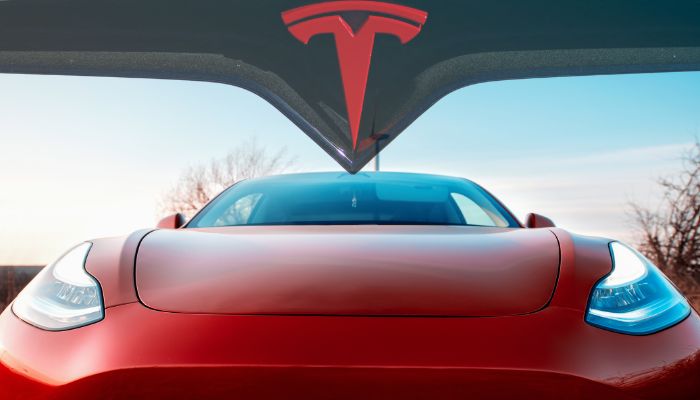 An undated image of a car and Tesla logo. — Tesla/Canva