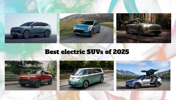 An undated image of Hyundai Ioniq 9, Kia EV9, Lucid Gravity, Rivian R1S, Volkswagen ID.Buzz and Tesla Model X (From left to right). — Hyundai/Kia/Lucid/Rivian/Volkswagen/Tesla/Canva