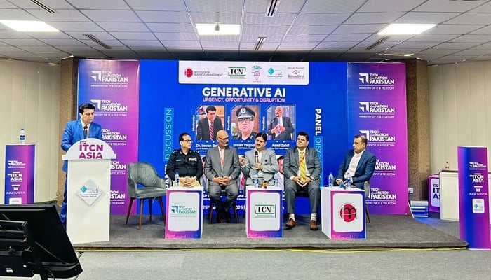 The image shows a panel discussion titled ITCN Asias Generative AI: Urgency, Opportunity and Disruption. — Gadinsider