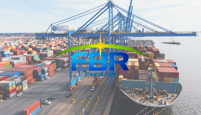 An undated image of FBR logo and a ship importing goods. — FBR/Canva