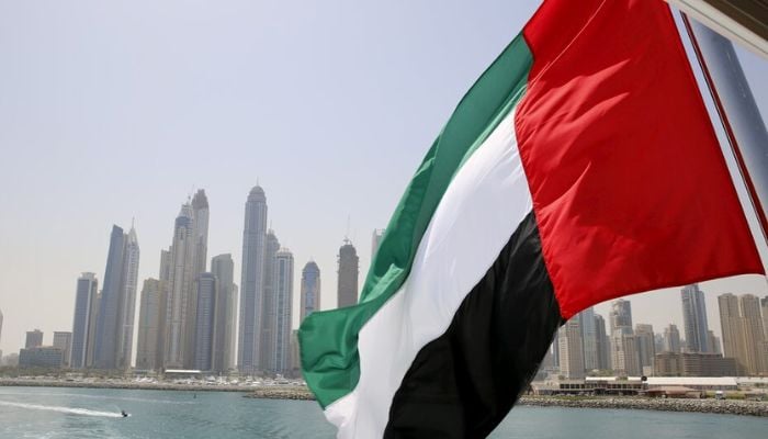 An image of UAE flag flying over a boat at Dubai Marina, Dubai, United Arab Emirates, on May 22, 2015. — Reuters