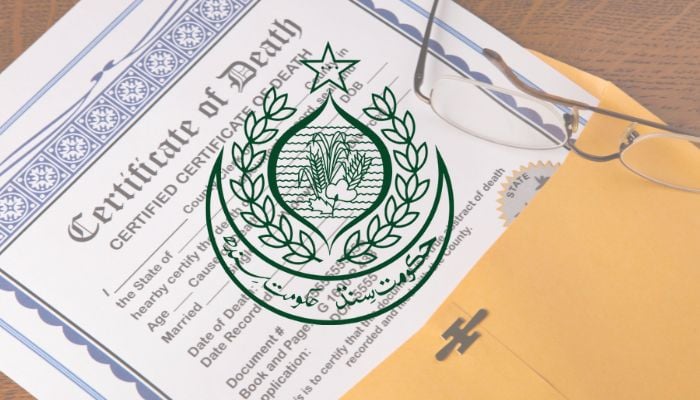 An undated image of a death certificate form and the Government of Sindh logo. — GoF/Canva
