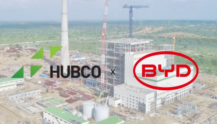 An undated image of HUBCO plant alongside its logo and BYD logo. — HUBCO/BYD/Canva