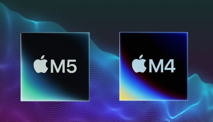 An undated image of Apple M5 and M4 silicon chip. — Apple/Canva