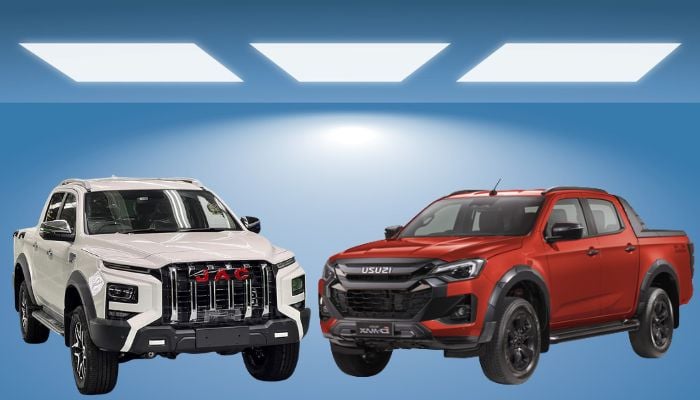 An undated image of JAC T9 Frison 2WD (left) and Isuzu D-Max V-Cross Auto Plus (right). — JAC/Isuzu/Canva