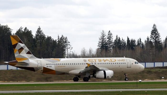 Etihad Airways Airbus A320-200 is seen at the National Airport Minsk, Belarus April 19, 2018. — Reuters