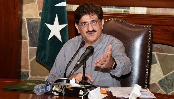An undated image of Sindh CM Murad Ali Shah addressing a press conference in Karachi. — X/@SindhCMHouse