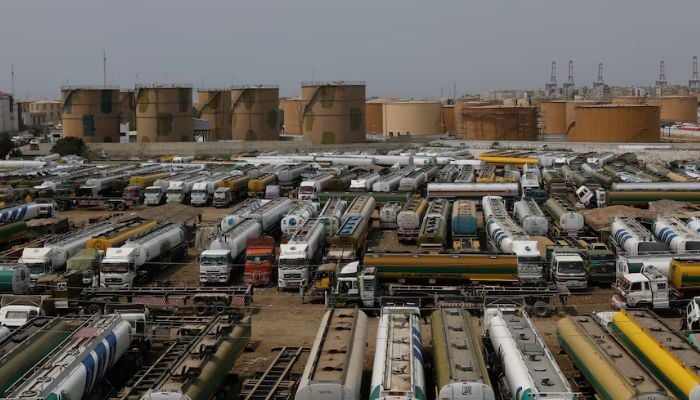 An image of oil tankers parked, following the protest by the All Pakistan Oil Tankers Owners Associations in Karachi, Pakistan, on September 19, 2023. — Reuters