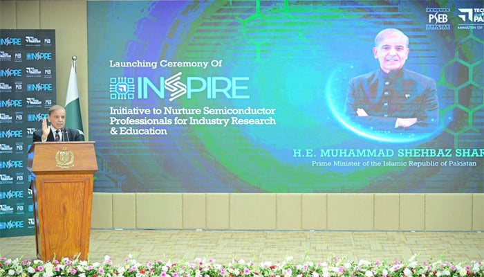 Prime Minister Shehbaz Sharif addressing the launch ceremony of Initiative to Nurture Semiconductor Professionals for Industry, Research & Education (INSPIRE), in Islamabad on October 21, 2025. — Facebook/ShehbazSharif