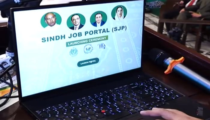A screengrab shows Sindh Job Portal (SJP) on laptop during launch ceremony, held on October 28, 2025. — Facebook/OfficialGoS
