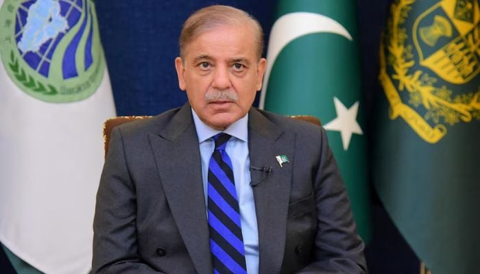 An image of Pakistans Prime Minister Shehbaz Sharif, addresses the 23rd Shanghai Cooperation Organization (SCO) Summit, hosted virtually by India, in Islamabad, Pakistan July 4, 2023. —Reuters