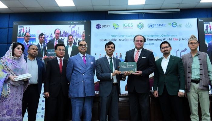 An image of Federal Minister for Finance and Revenue Muhammad Aurangzeb at Sustainable Development Policy Institute’s high-level plenary on Mobilising Finance for a Circular, Climate-Resilient South Asia. — X/@Financegovpk