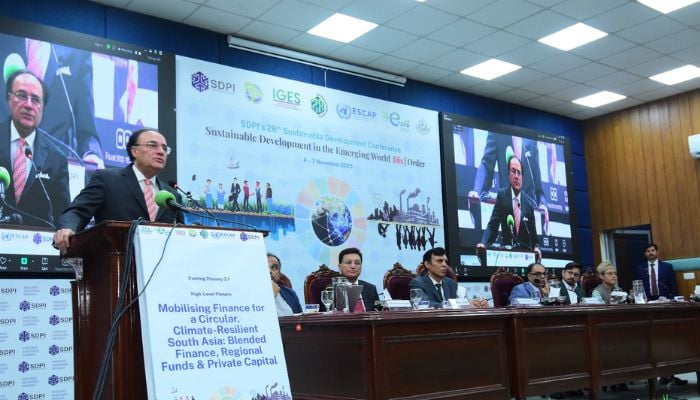 An image of Federal Minister for Finance and Revenue Muhammad Aurangzeb addressing Sustainable Development Policy Institute’s high-level plenary on Mobilising Finance for a Circular, Climate-Resilient South Asia. — X/@Financegovpk
