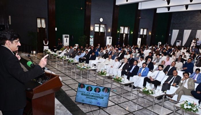 An image of indh Chief Minister Murad Ali Shah addressing speech at the launch of Sindh Job Portal (SJP) on October 28, 2025. — X/@SindhCMHouse