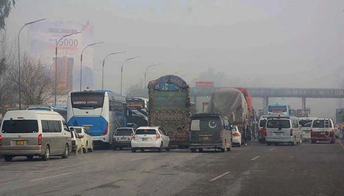 An undated image shows large number of vehicles standing in queue at motorway toll plaza. — APP