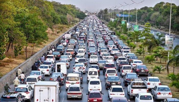 A view of a massive traffic jam clogging the Islamabad Expressway on June 26, 2025. — APP