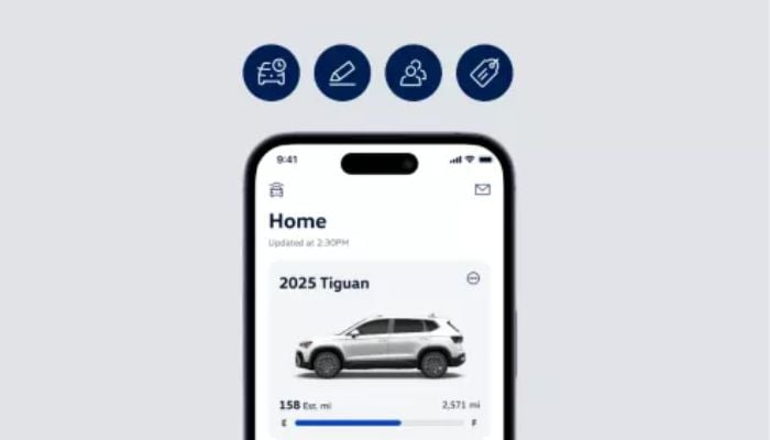 An undated image of myVW app features. — myVW