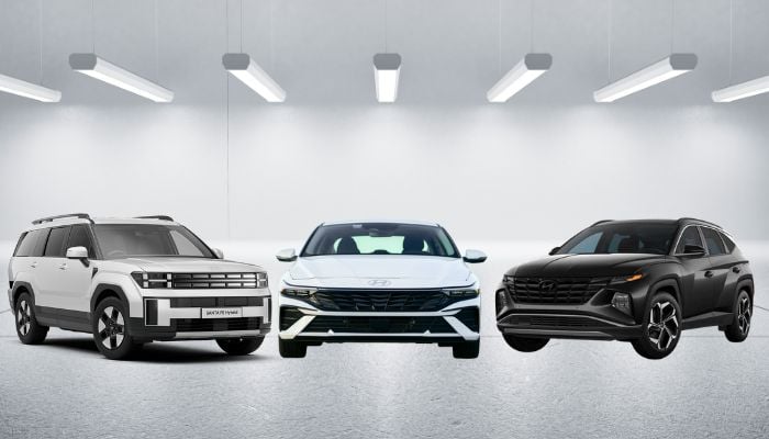 An undated image shows hybrid cars like Santa FE (left), Elantra (centre), and Tucson (right). — Hyundai/Canva