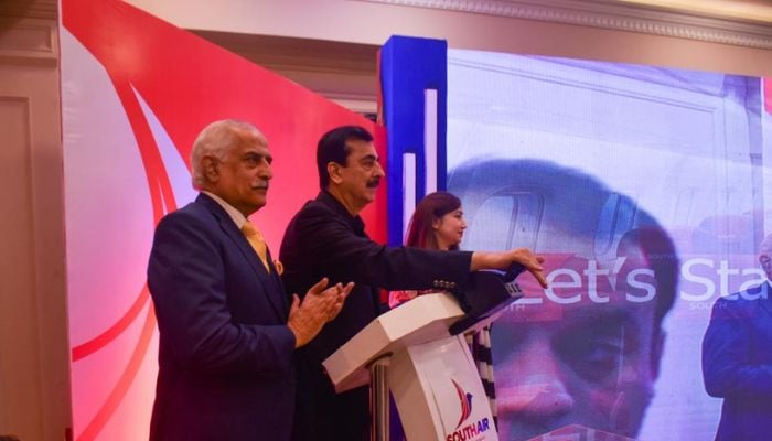 An image of Chairman Senate Syed Yusuf Raza Gilani addressing the audience at the launch of South Air Airline on November 24, 2025. — X/@OfficeSenate