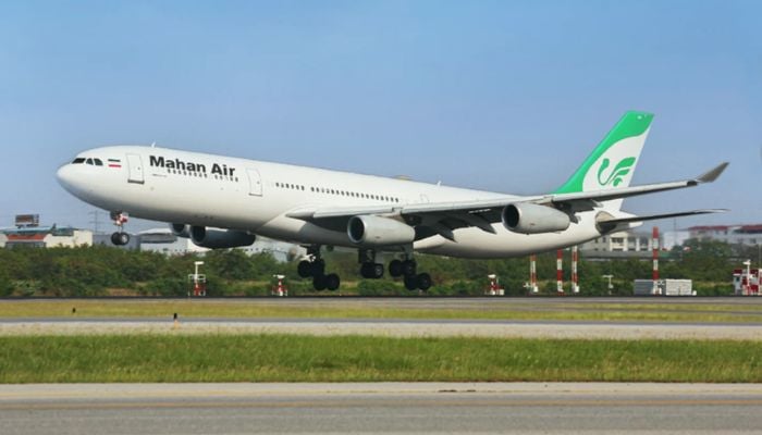 An undated image of a Mahan Air aircraft taking off from a runway. — Mahan Air