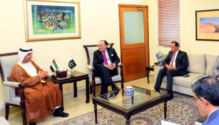 An image of Ambassador to Pakistan, H.E. Salem M. Salem AlBawab Al Zaabi and Federal Minister for Finance & Revenue Senator Muhammad Aurangzeb in a meeting in Islamabad on November 27, 2025. — X/@Financegovpk