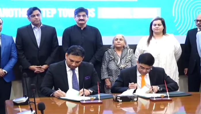 A screenshot shows signing of MoU between Nadra and the Sindh government for the Civil Registration Management System (CRMS) mobile app, taken on November 28, 2025. — Facebook/@sindhinfodepart