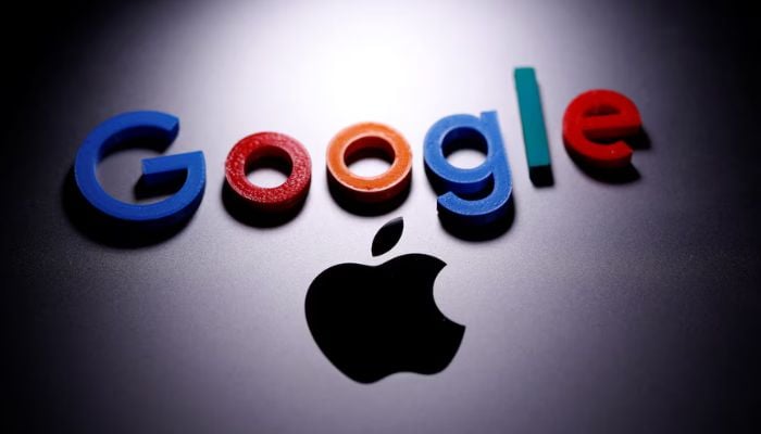 Google and Apple Make A 3D printed Google logo is placed on the Apple Macbook in this illustration taken April 12, 2020. — Reuters