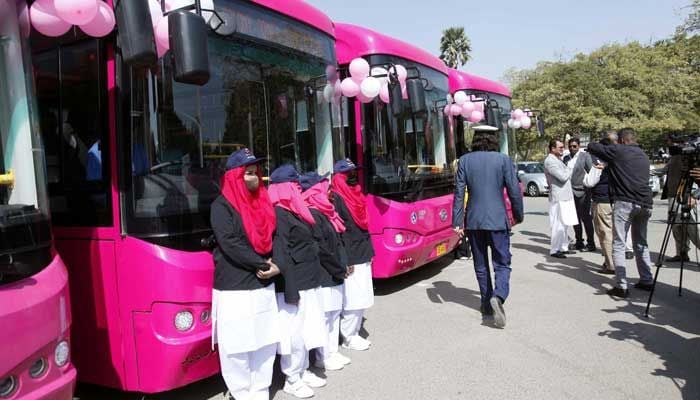 An image of Pink Peoples Bus Service project buses on its way to start the operation of buses after inauguration ceremony in Karachi taken on February 1, 2023. — PPI
