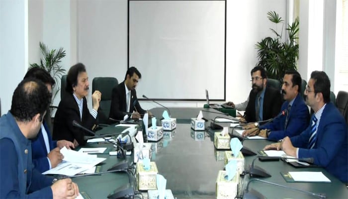 An undated image of a meeting, chaired by Special Assistant to the Prime Minister (SAPM) on Industries and Production Haroon Akhtar Khan. — MoI&P