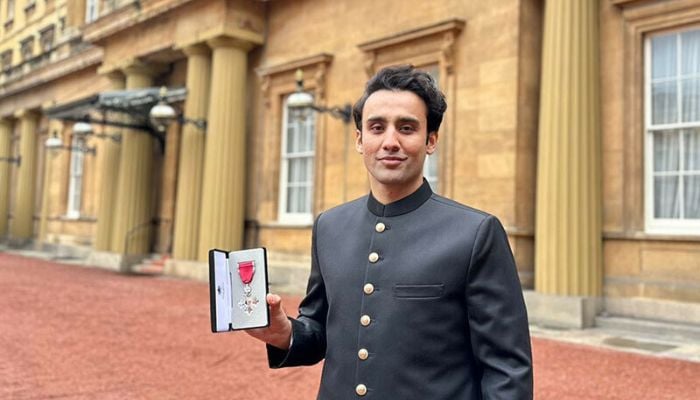 An undated image of Pakstans virtual assets regulator Bilal bin Saqib with the MBE award from King Charles for humanitarian services in the UK. — Bilal bin Saqib MBE