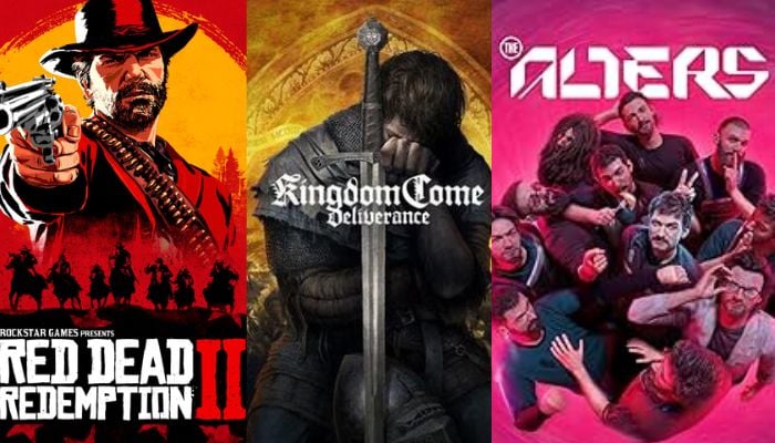 An undated image of Red Dead Redemption, Kingdom Come: Deliverance, and The Alters posters. — IGN/Canva