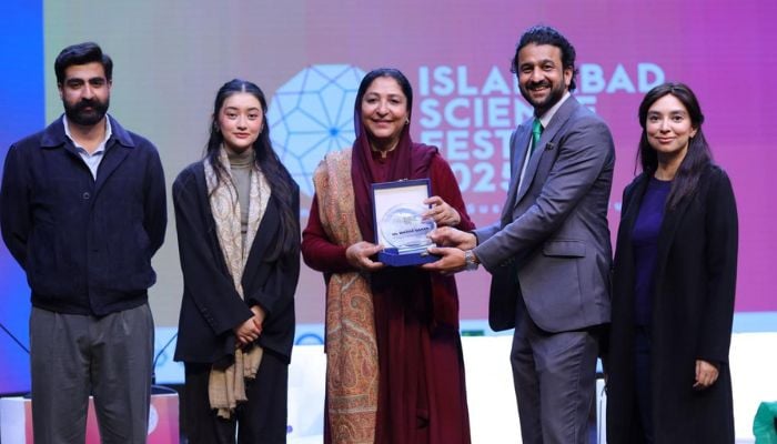 An image of Minister of State Wajiha Qamar receiving an honour award from the team of Islamabad Science Festival 2025 taken on December 23, 2025. — Supplied