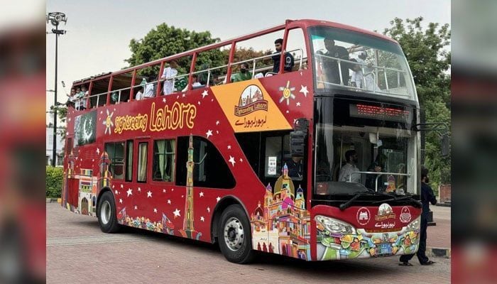 An image of a double-decker bus on the road in Lahore on September 11, 2024. — Facebook/TDCP Sightseeing Lahore