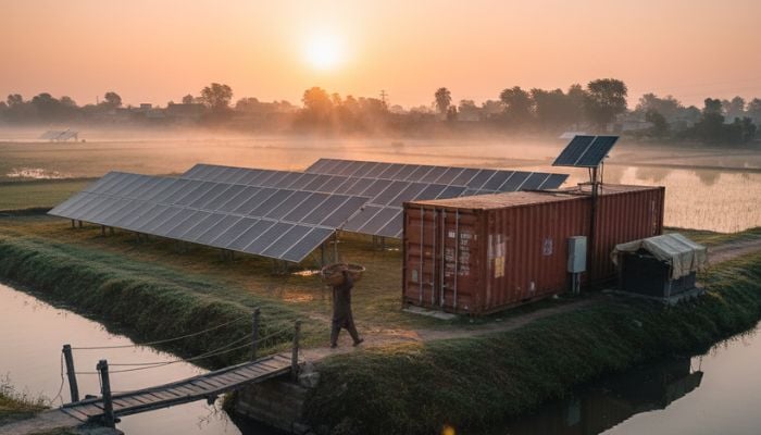 An AI-generated image showcasing a farmer walking alongside solar panels. — Qwen AI