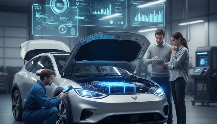 An AI-generated image of people inspecting an electric vehicle. — Google Gemini