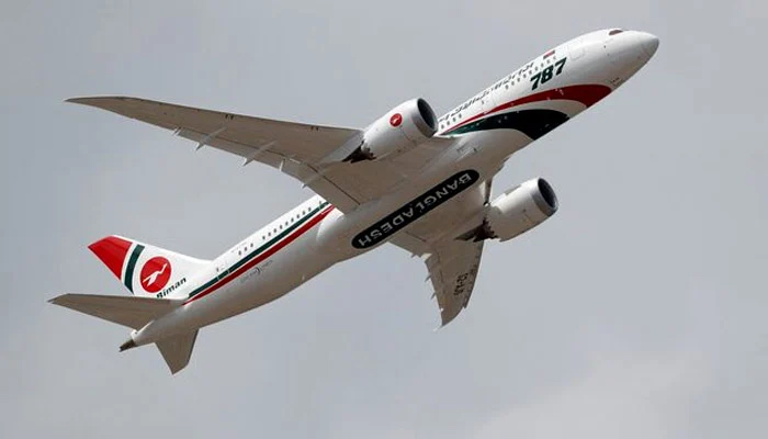 A Biman Bangladesh Airlines Boeing 787-8 puts on a display at the Farnborough Airshow, in Farnborough, Britain July 16, 2018. — Reuters