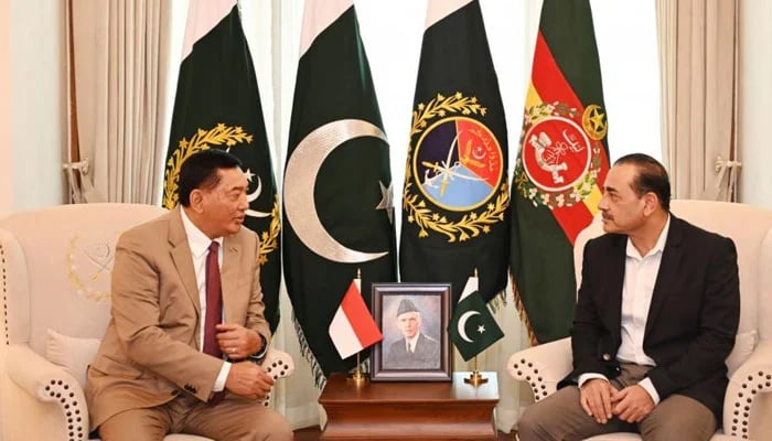 Chief of Defence Forces (CDF) and Chief of Army Staff Field Marshal Syed Asim Munir is seen in a meeting with Lieutenant General Sjafrie Sjamsoeddin (Retd), Minister of Defence of the Republic of Indonesia at General Headquarters (GHQ), Rawalpindi on January 12, 2026. — ISPR