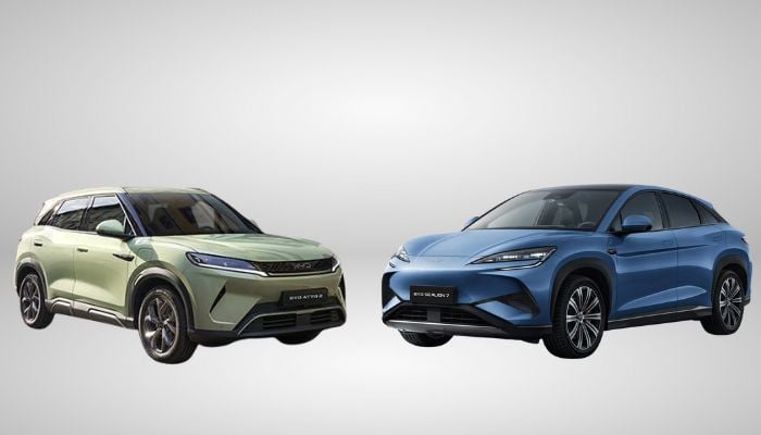 An undated image of BYD Atto 2 (left) and Sealion 7 (right). — BYD