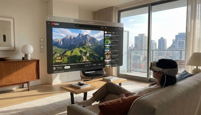 An undated image of a person watching YouTube on Apple Vision Pro. — Apple