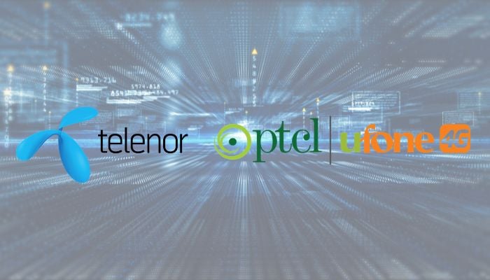 An undated image shows Telenor (left), Ptcl (mid), and Ufone (right) logos. — Telenor Pakistan/Ufone/Canva