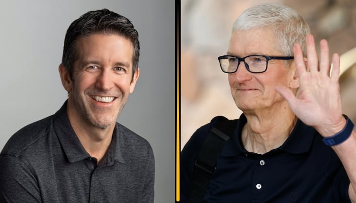 An undated image shows Apples new CEO John Ternus (left) and Executive Chairman Tim Cook (right). — Apple/Canva
