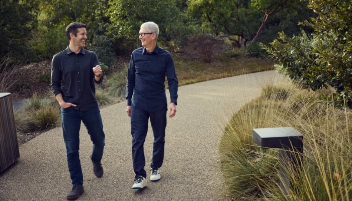 An undated image shows Apple Executive Chairman Tim Cook with newly appointed Apple CEO John Ternus. — Apple