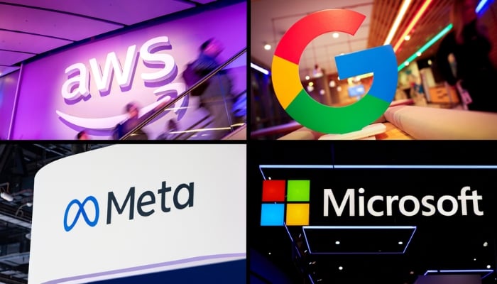 An undated image shows different logos of tech giants, which includes Microsoft, Google, Meta, and AWS. — Getty Images