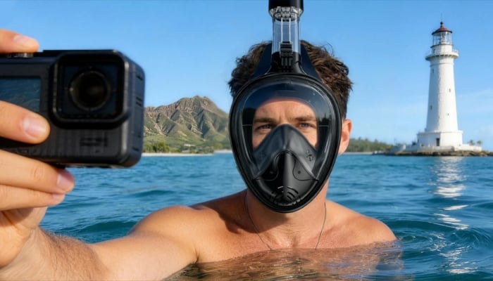 An undated image shows a swimmer using Geatever G2 Full Face Snorkel Mask. — Greatevet