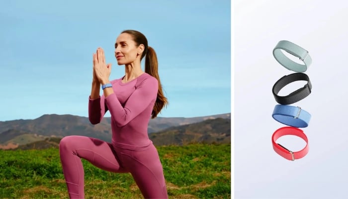 An undated image shows a girl exercising while wearing Google Fitbit Air, alongside the fitness tracker displayed in multiple colour options. — Google