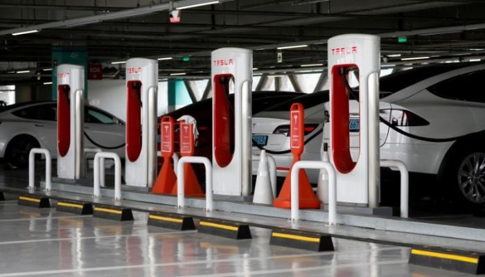 An undated image of Tesla EV charging station. — Reuters