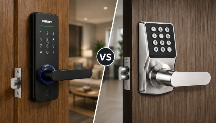 An undated image of Philips Wi-Fi Smart Door Lock with Handle (left) and Cielsa Keypad Door Lock with Handle (right). — Canva
