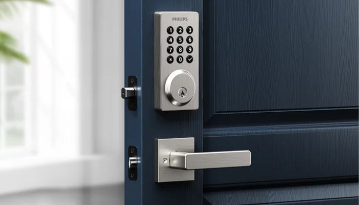 An undated image of Philips WiFi Keypad Door Lock with Handle. — Philips